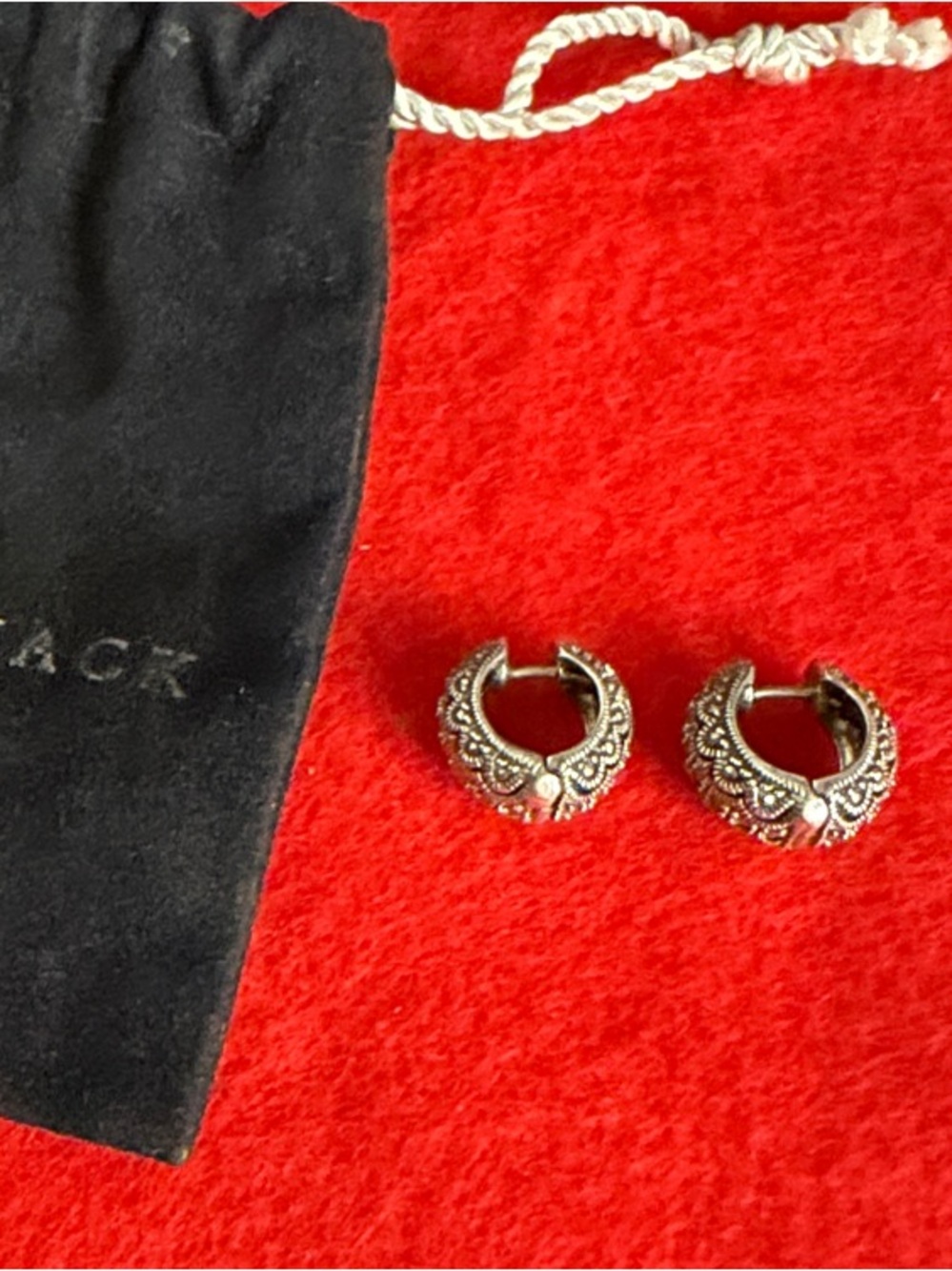 Judith Jack Earrings-Signed Sterling Silver/Marcasite Hinged Huggie Hoops & Bag
